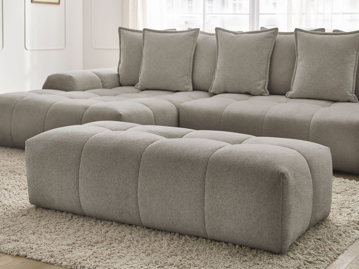 Bobochic Everest Ecksofa mit Schlaffunktion und Bettkasten und Pouf 318 × 180 cm, 7 Kissen Melange-Stoff Taupe Ecke links