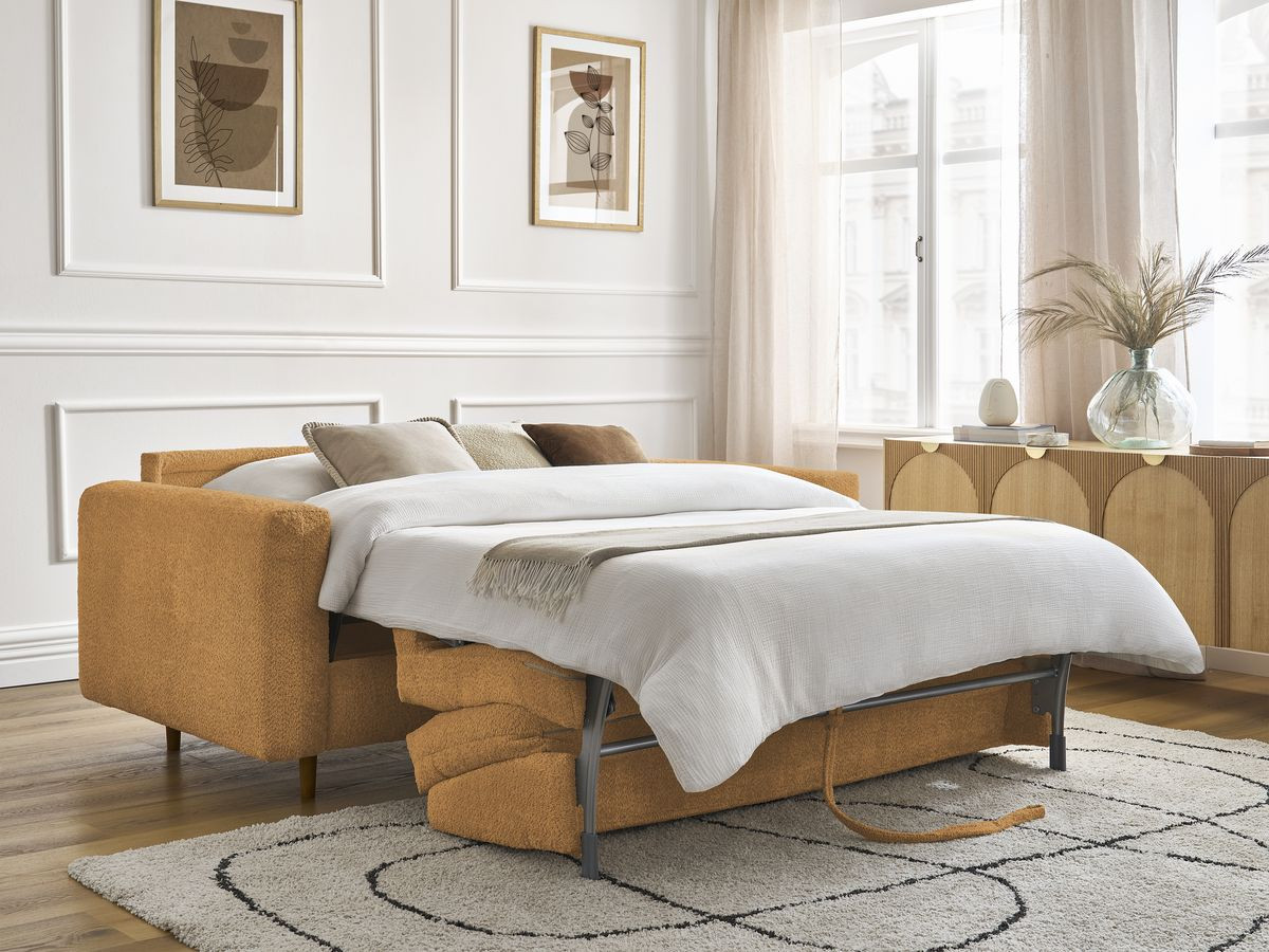 Bobochic Cocoone Schlafsofa 3-Sitzer Bouclé-Stoff Gelb, Liegefläche 140 × 200 cm