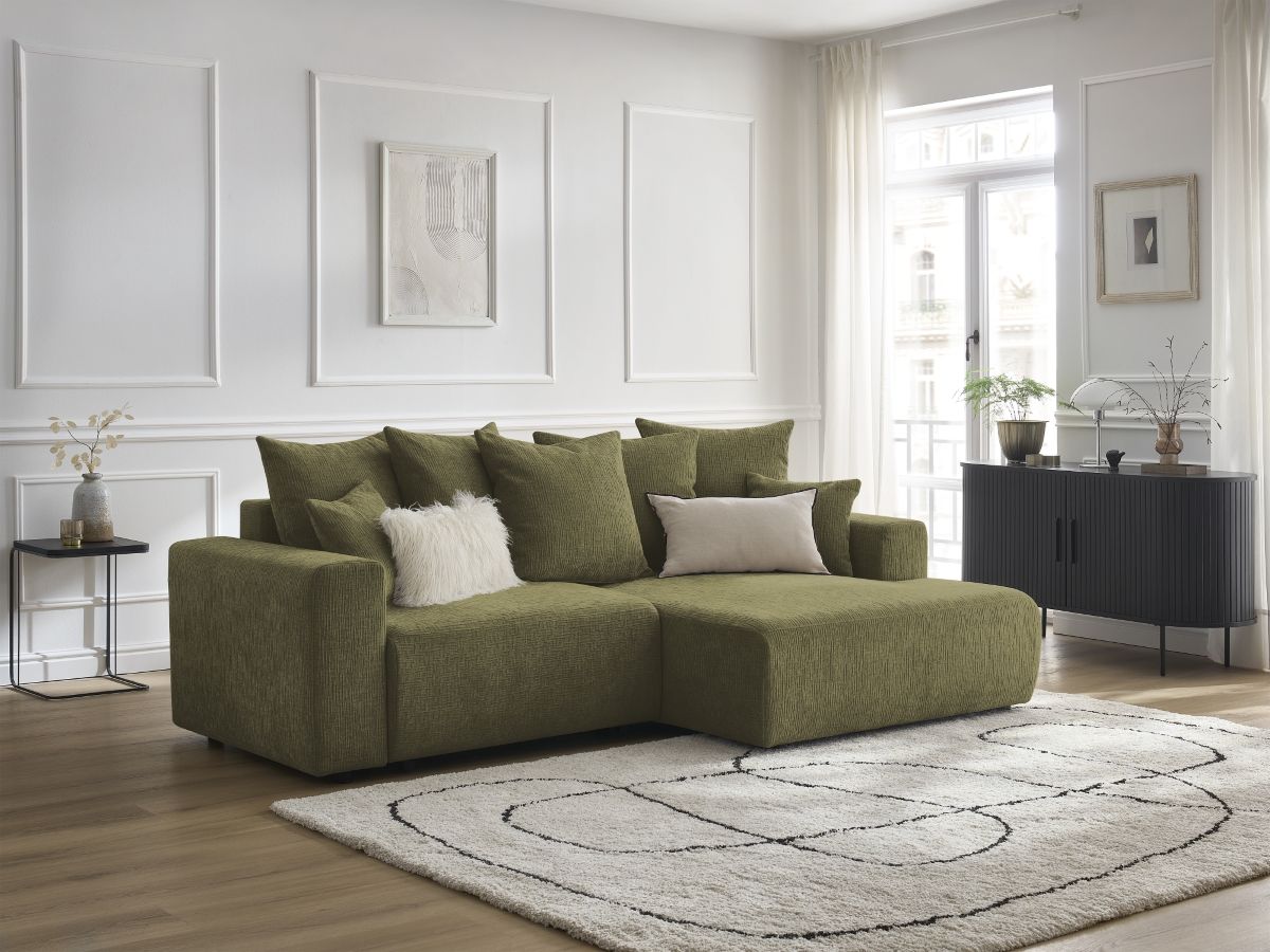 Bobochic Atilla Ecksofa mit Schlaffunktion und Bettkasten Strukturstoff Grün Ecke rechts