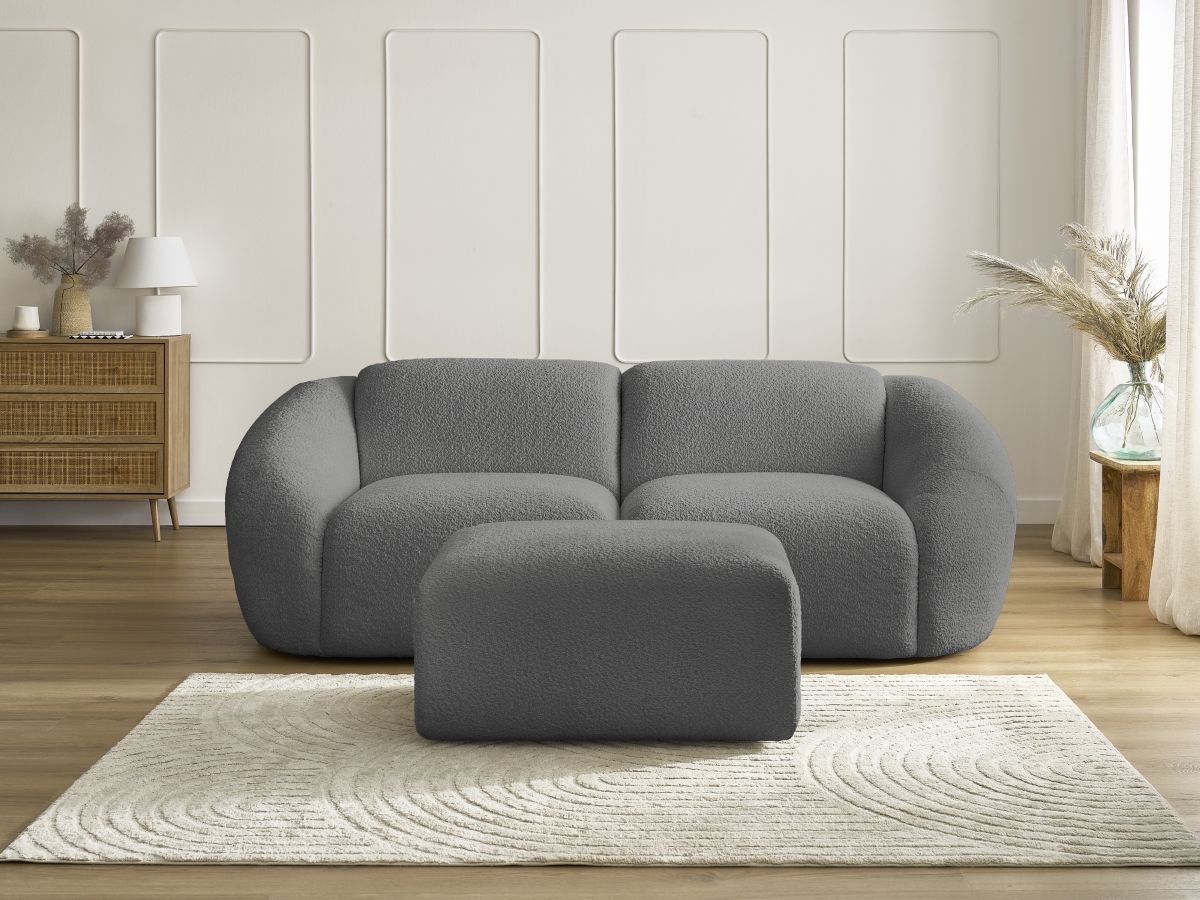 Bobochic Tina Sofa 3-Sitzer mit Pouf Bouclé-Stoff Dunkelgrau