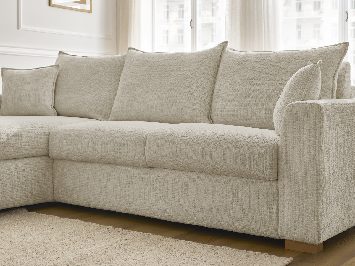 Bobochic Augustin Ecksofa mit Schlaffunktion und Bettkasten Strukturstoff Beige, Liegefläche 140 × 200 cm