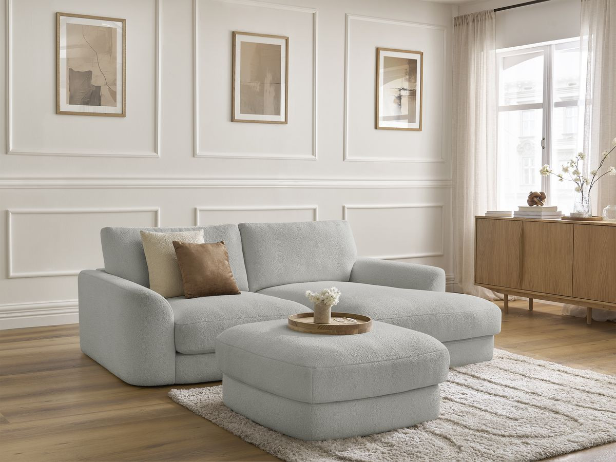 Bobochic Leonore Ecksofa mit Pouf Bouclé-Stoff Hellgrau Ecke rechts