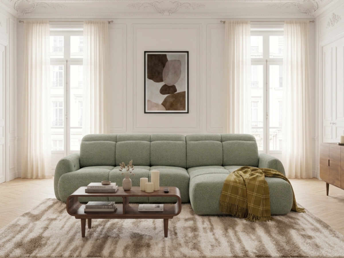 Bobochic Ruby Ecksofa mit Schlaffunktion und Bettkasten Chenille Grün Ecke rechts