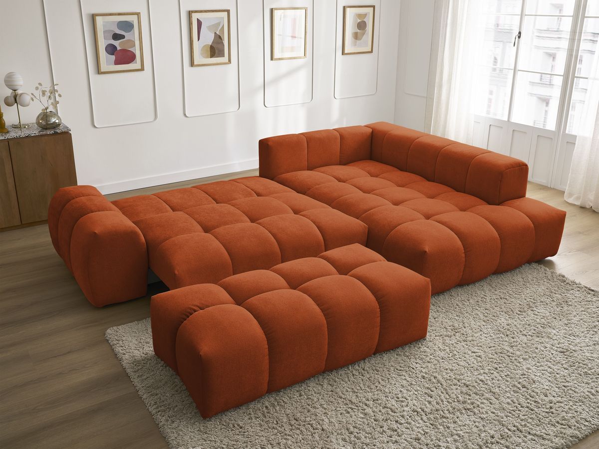 Bobochic Everest Ecksofa mit Schlaffunktion und Bettkasten und Pouf 320 × 212 cm, 5 Kissen Strukturstoff Orange Ecke rechts
