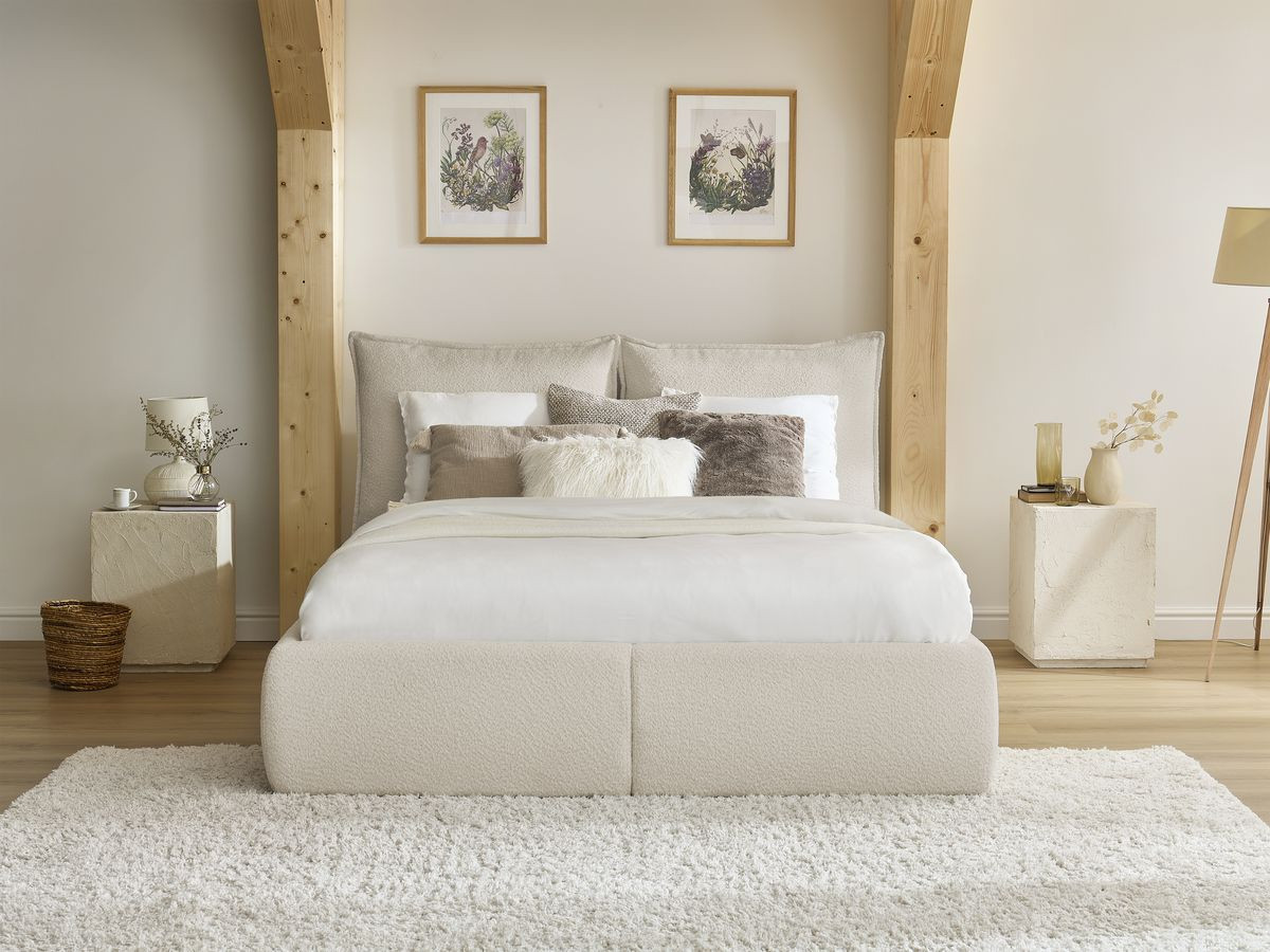 Bobochic Garance Polsterbett mit Bettkasten Bouclé-Stoff Beige, Liegefläche 160 × 200 cm