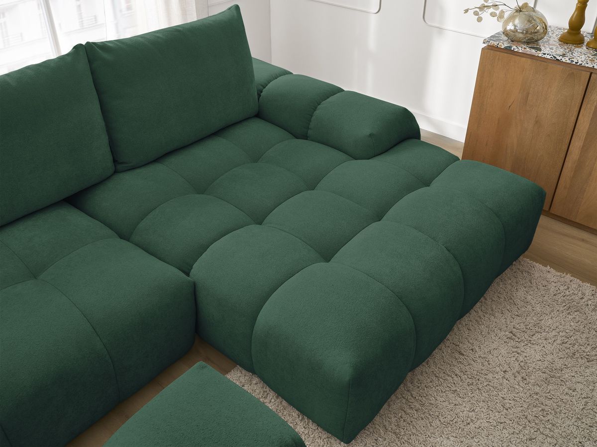 Bobochic Everest Ecksofa mit Schlaffunktion und Bettkasten und Pouf 318 × 180 cm, 3 Kissen Strukturstoff Grün Ecke rechts