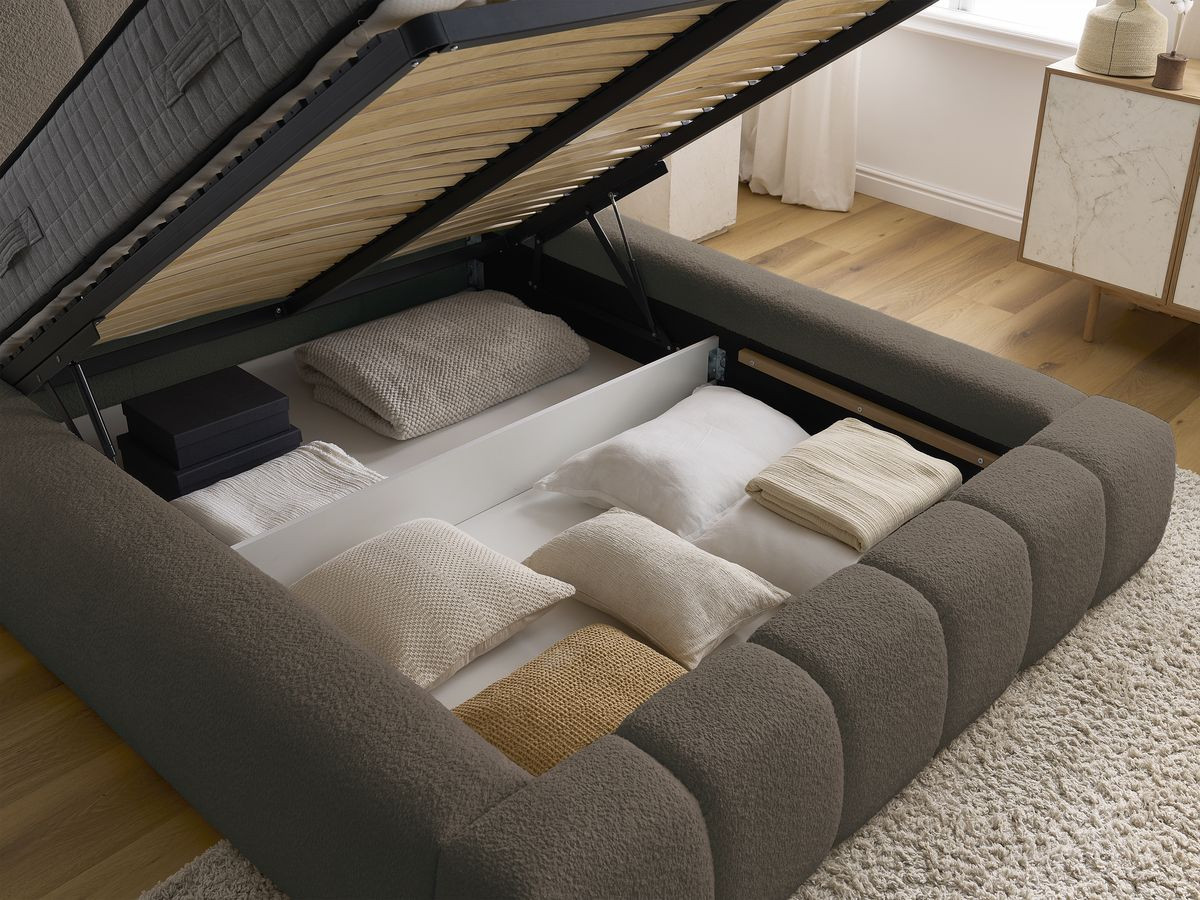 Bobochic Denali Polsterbett mit Bettkasten Bouclé-Stoff Braun, Liegefläche 140 × 190 cm