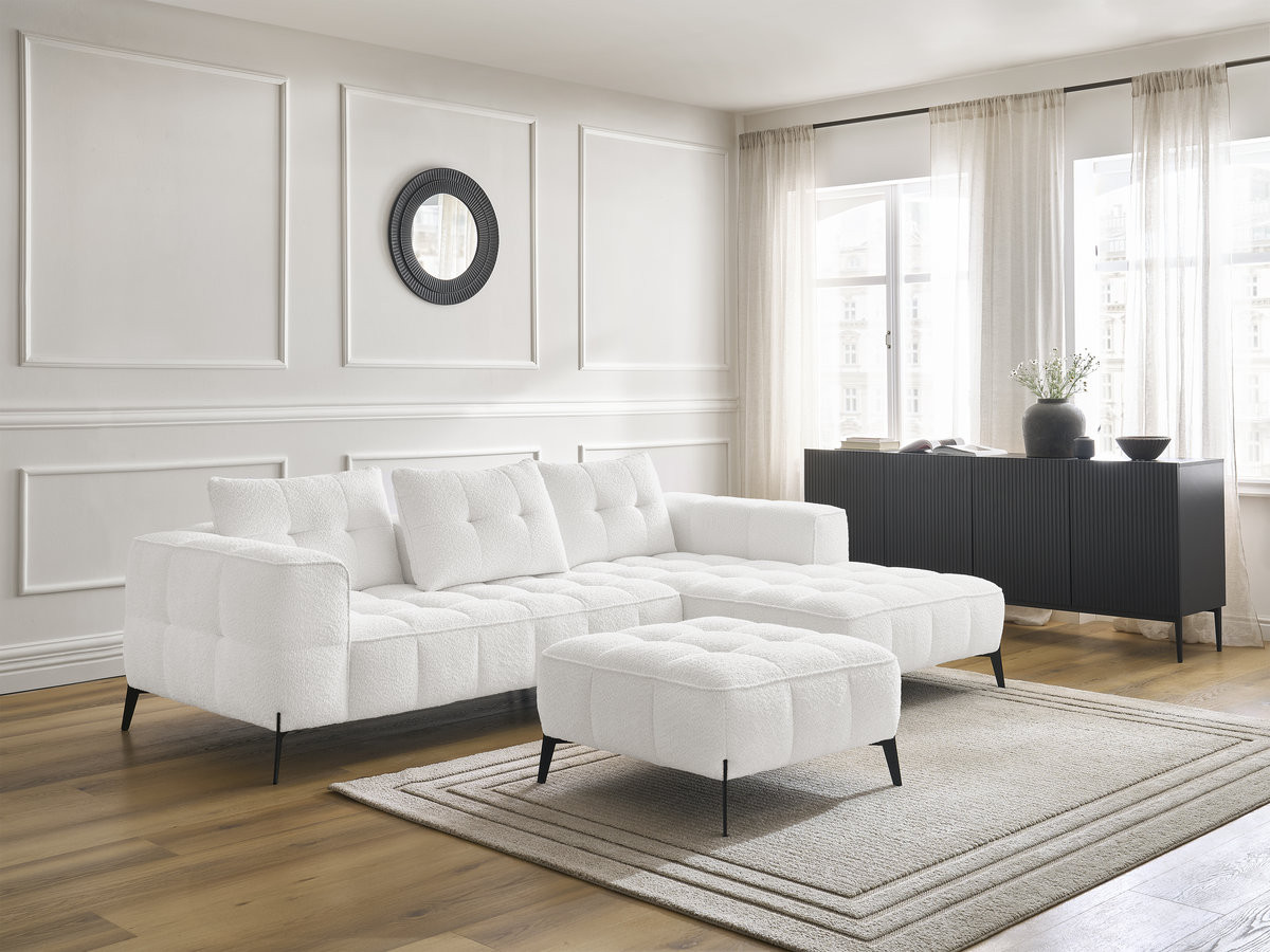 Bobochic Anis Ecksofa mit Pouf Bouclé-Stoff Weiß Ecke rechts