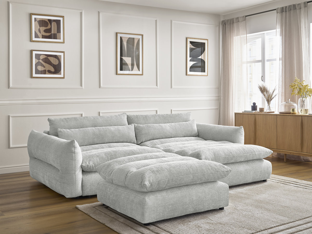 Bobochic Neil Ecksofa mit Pouf Strukturstoff Hellgrau Ecke rechts