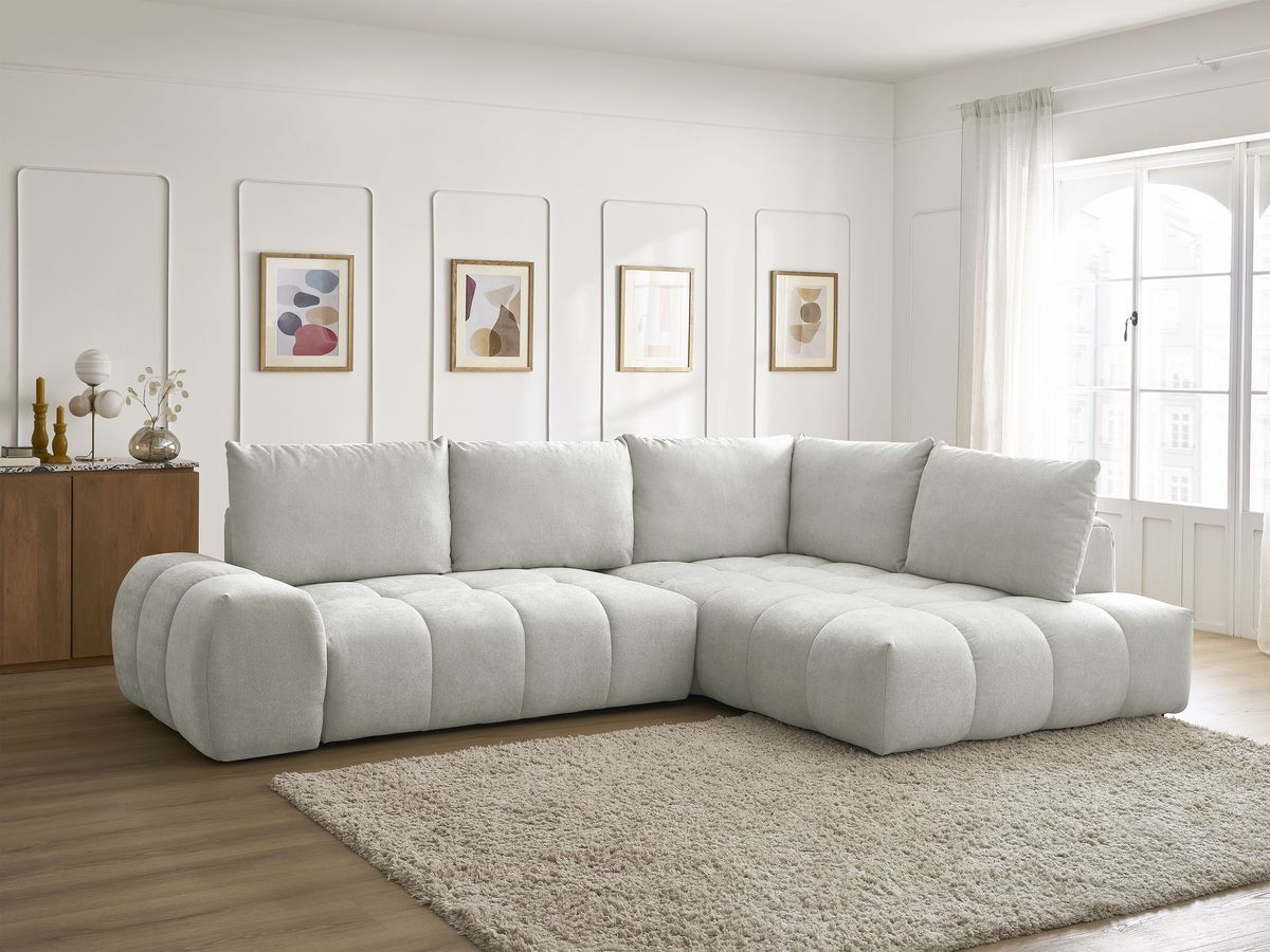 Bobochic Everest Ecksofa mit Schlaffunktion und Bettkasten 320 × 212 cm, 5 Kissen Strukturstoff Hellgrau Ecke rechts