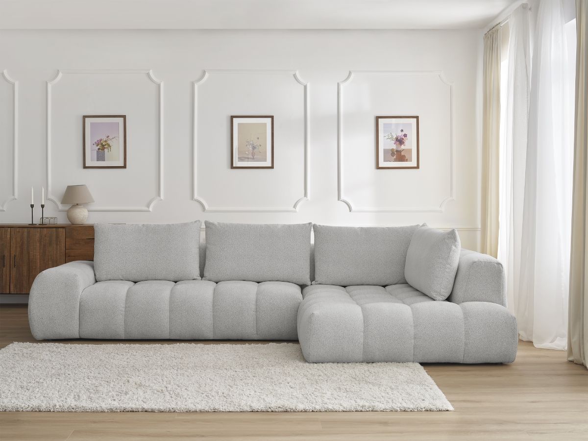 Bobochic Everest Ecksofa, 4 Kissen Melange-Stoff Hellgrau Ecke rechts