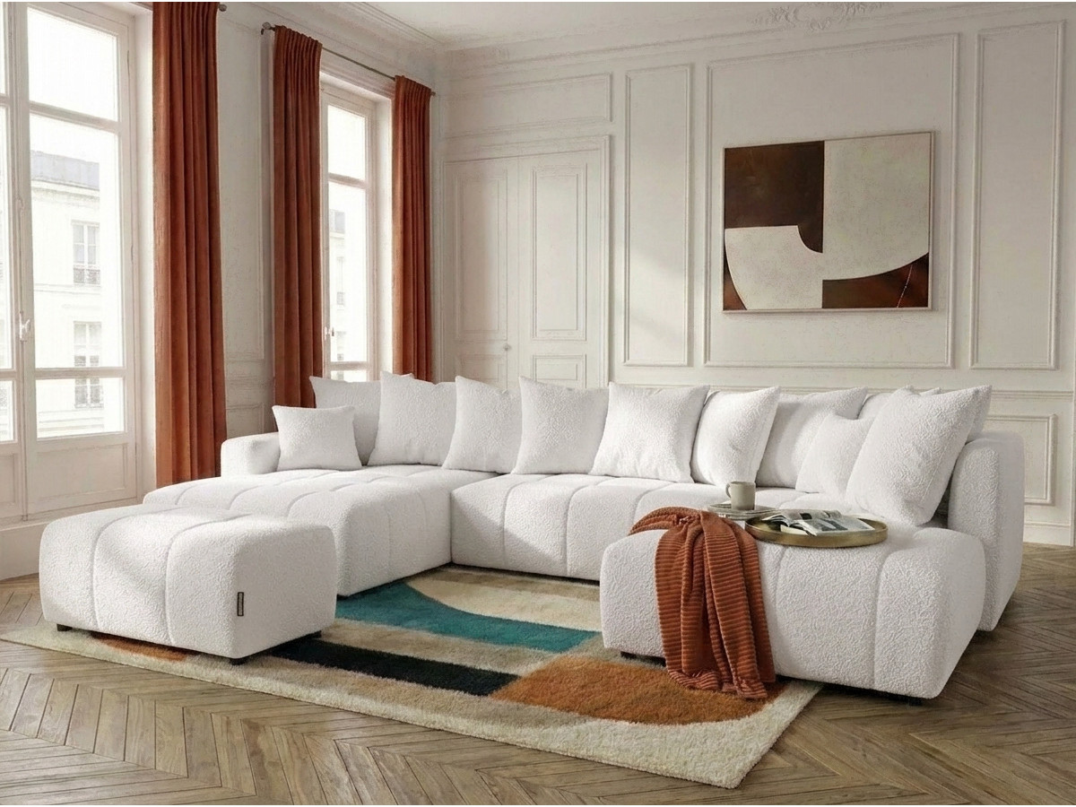 Bobochic Roxelane Wohnlandschaft mit Pouf Bouclé-Stoff Weiß Ecke links