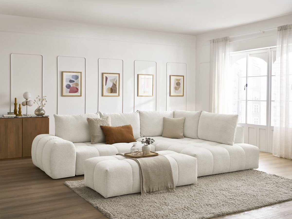 Bobochic Everest Ecksofa mit Schlaffunktion und Bettkasten und Pouf 320 × 212 cm, 5 Kissen Melange-Stoff Weiß Ecke rechts