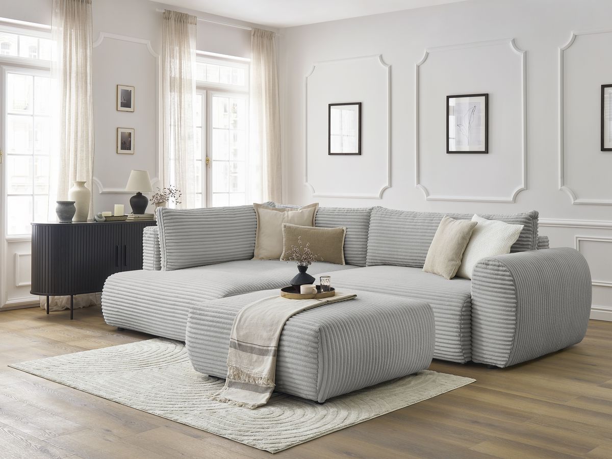 Bobochic Lucien Ecksofa mit Schlaffunktion und Bettkasten und Pouf 296 × 198 cm Breitcord weich Hellgrau Ecke links