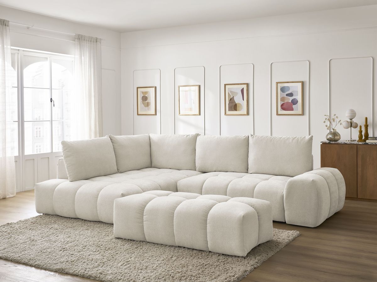 Bobochic Everest Ecksofa mit Schlaffunktion und Bettkasten und Pouf 320 × 212 cm, 5 Kissen Strukturstoff Beige Ecke links