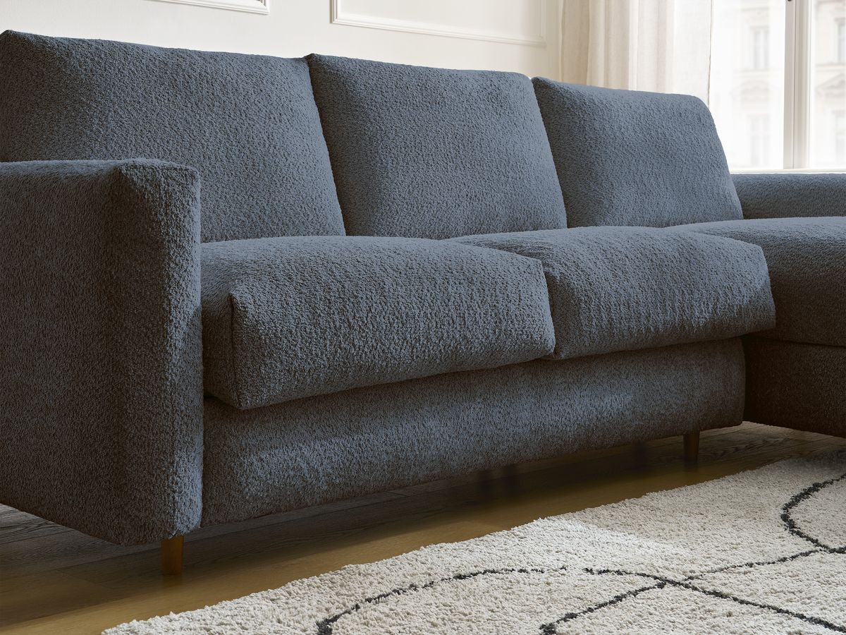 Bobochic Cocoone Ecksofa mit Schlaffunktion und Bettkasten Bouclé-Stoff Dunkelblau, Liegefläche 160 × 200 cm