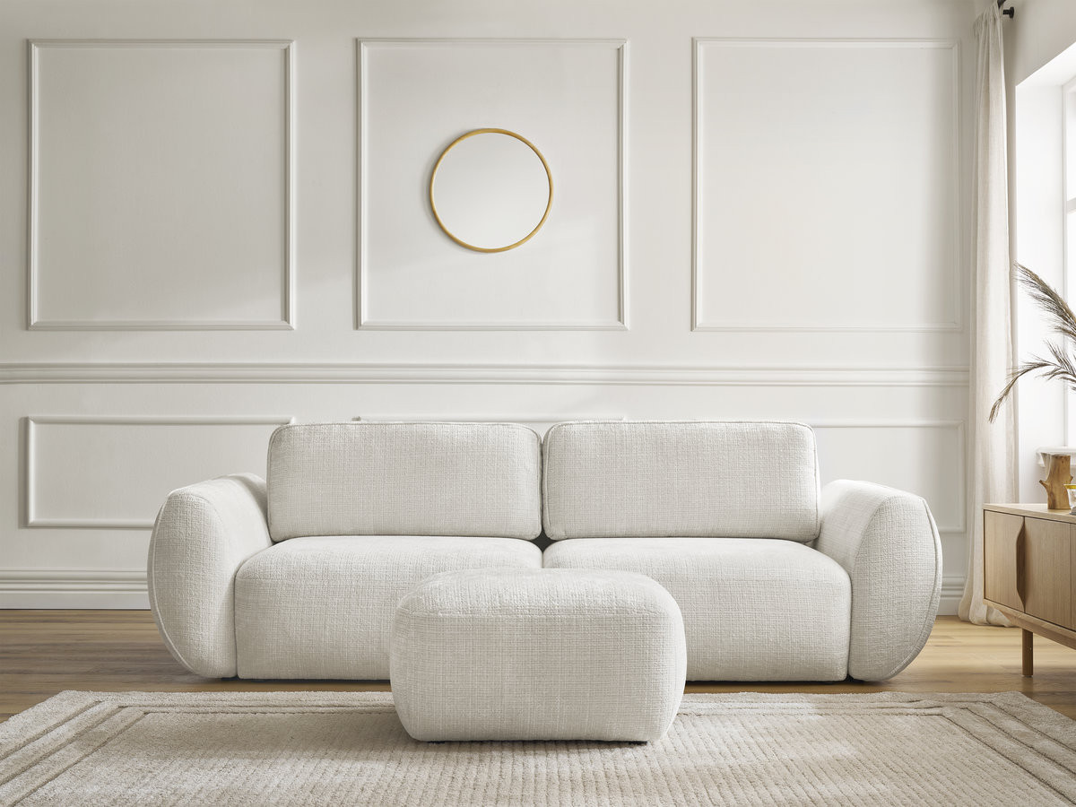 Bobochic Denise Schlafsofa 3-Sitzer mit Bettkasten und Pouf Strukturstoff Weiß
