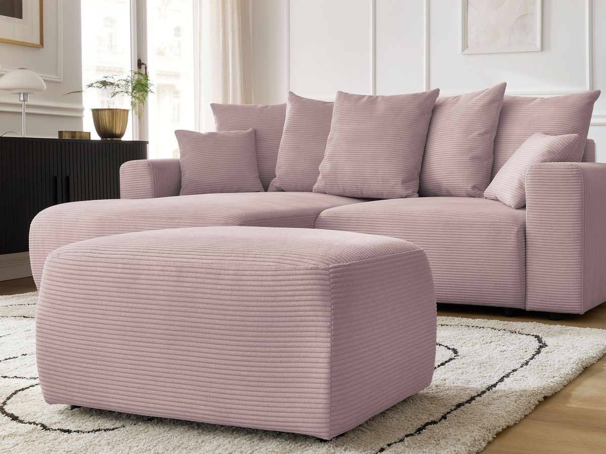 Bobochic Atilla Ecksofa mit Schlaffunktion und Bettkasten und Pouf Cordsamt Violett Ecke links
