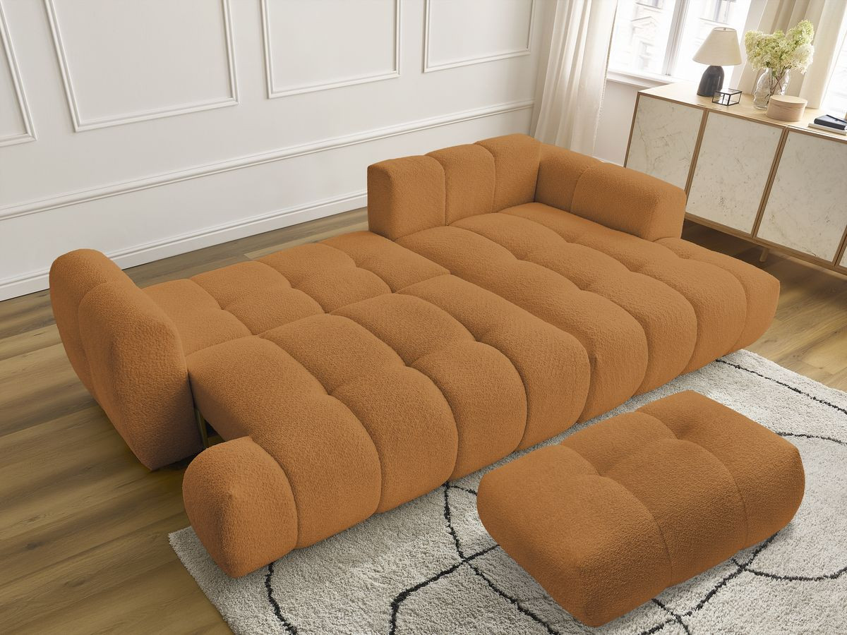 Bobochic Fuji Ecksofa mit Schlaffunktion und Bettkasten und Pouf 292 × 160 cm Bouclé-Stoff Gelb Ecke rechts