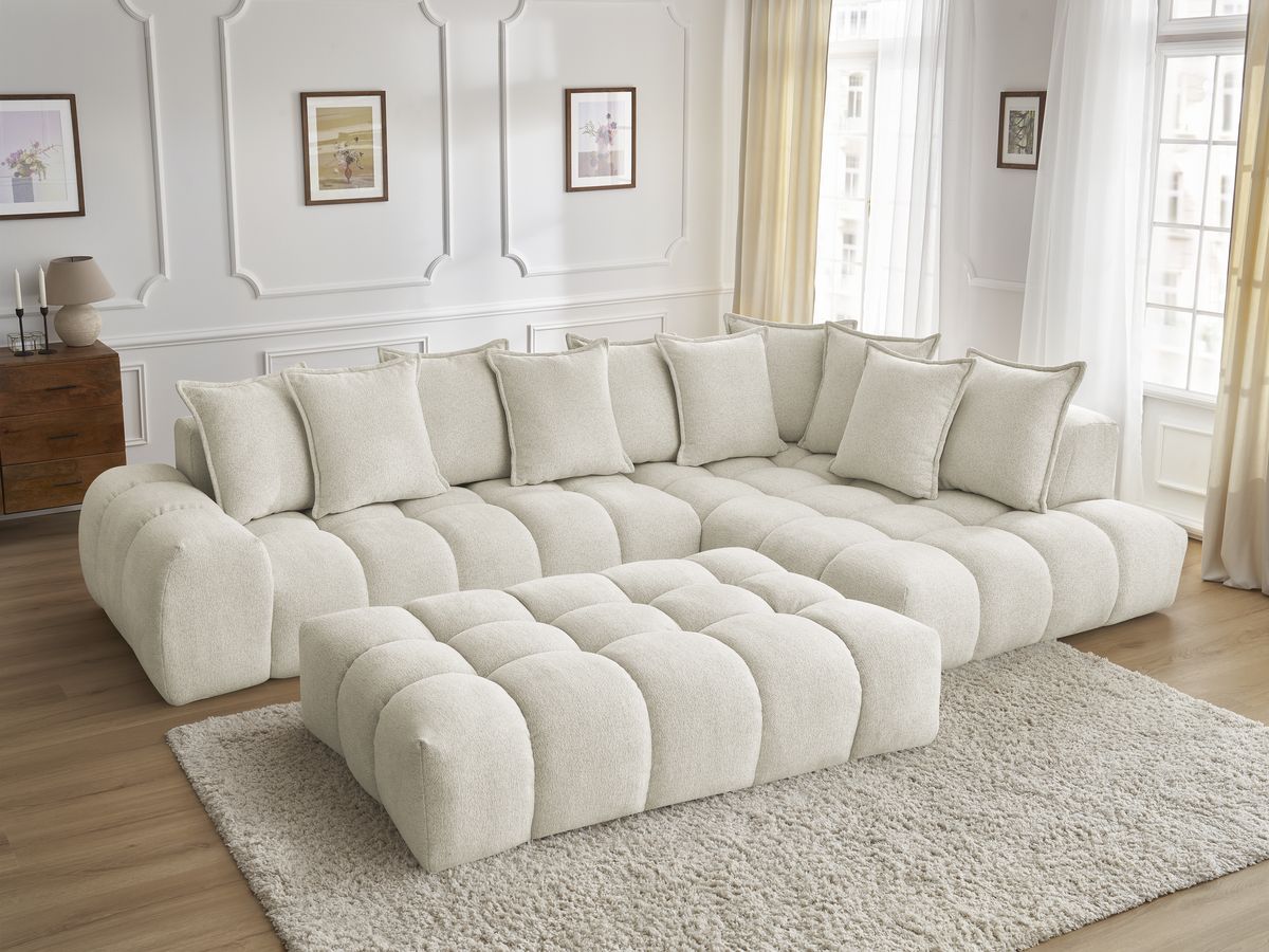 Bobochic Everest Ecksofa mit Schlaffunktion und Pouf, 10 Kissen Melange-Stoff Weiß Ecke rechts