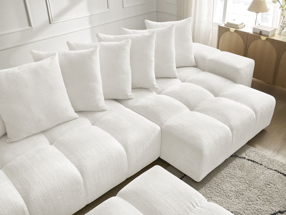 Bobochic Anakin Wohnlandschaft mit Pouf, Liegefläche 137 × 382 cm, 10 Kissen Strukturstoff Weiß