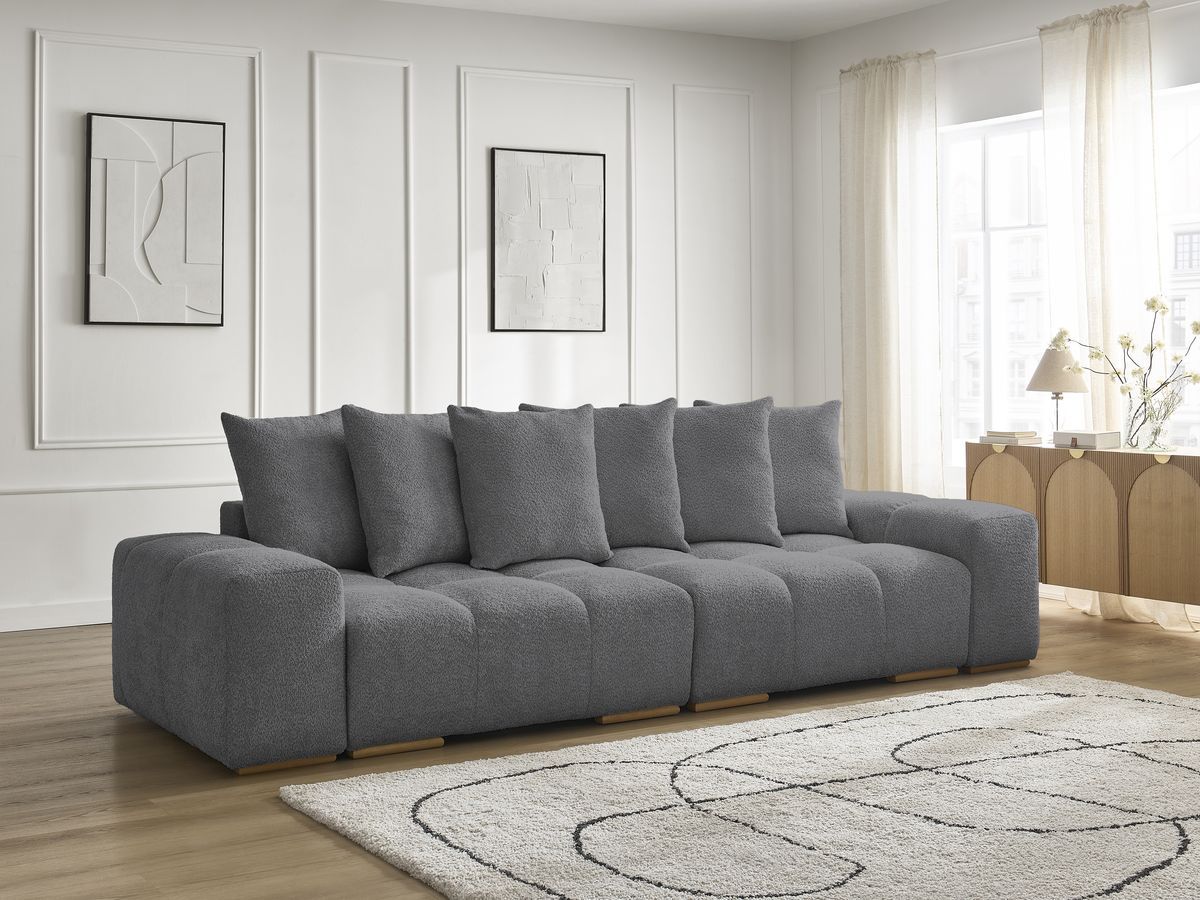 Bobochic Anakin Schlafsofa 3-Sitzer mit Bettkasten, 6 Kissen Bouclé-Stoff Dunkelgrau