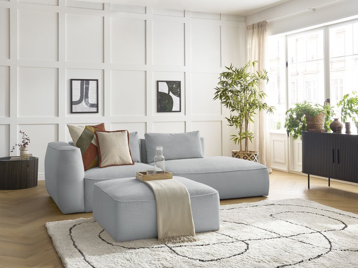 Bobochic Leopold Sofa 4-Sitzer mit Pouf Cordsamt Hellgrau Armlehne links