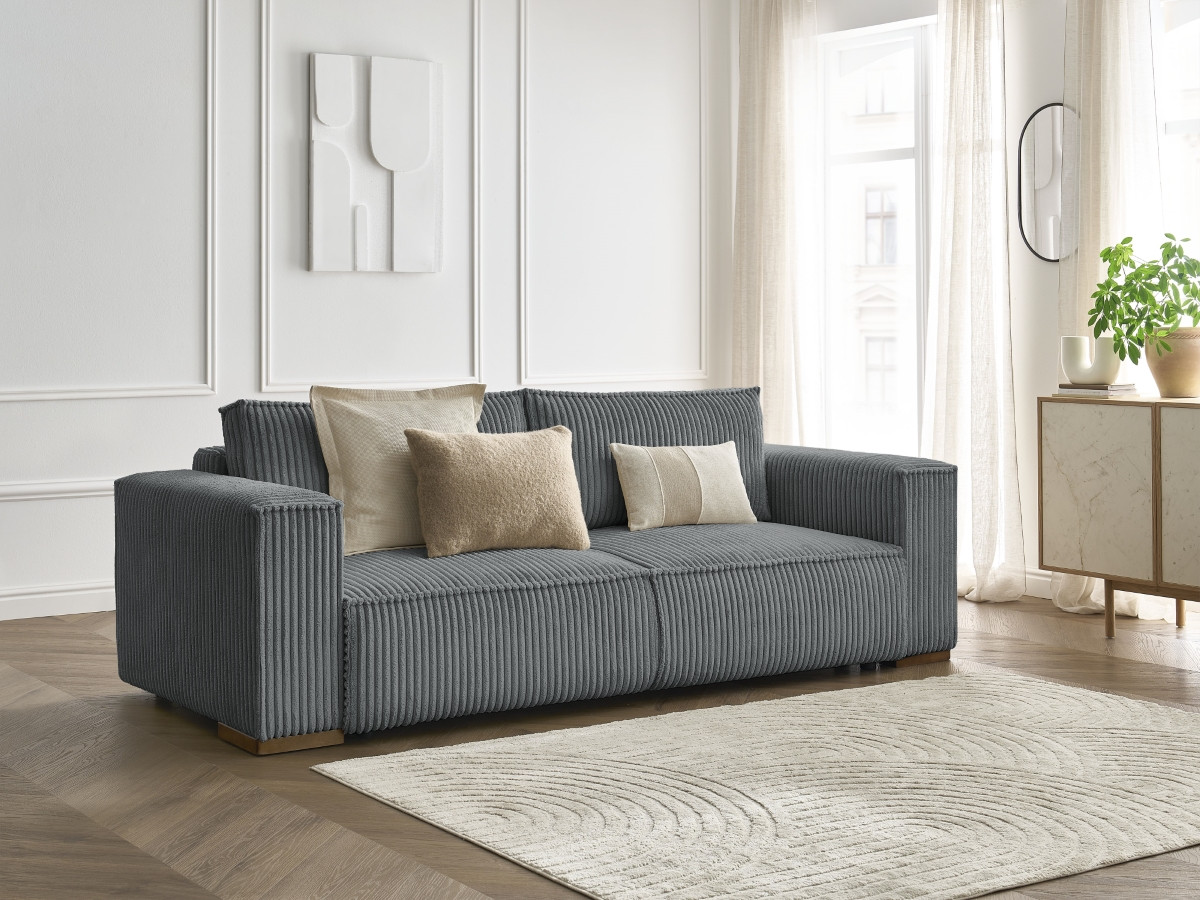 Bobochic Chelsea Schlafsofa 3-Sitzer mit Bettkasten Breitcord weich Dunkelgrau