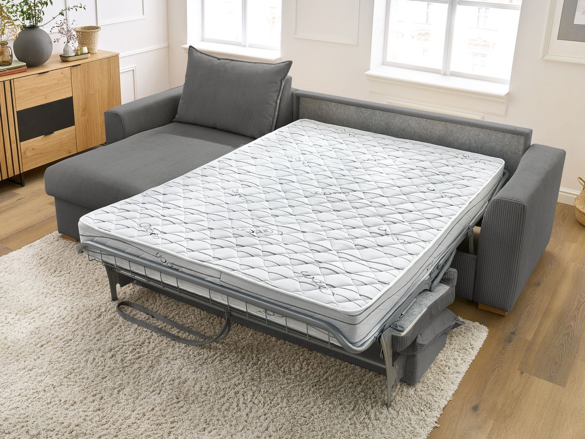 Bobochic Augustin Ecksofa mit Schlaffunktion und Bettkasten Cordsamt Dunkelgrau, Liegefläche 160 × 200 cm