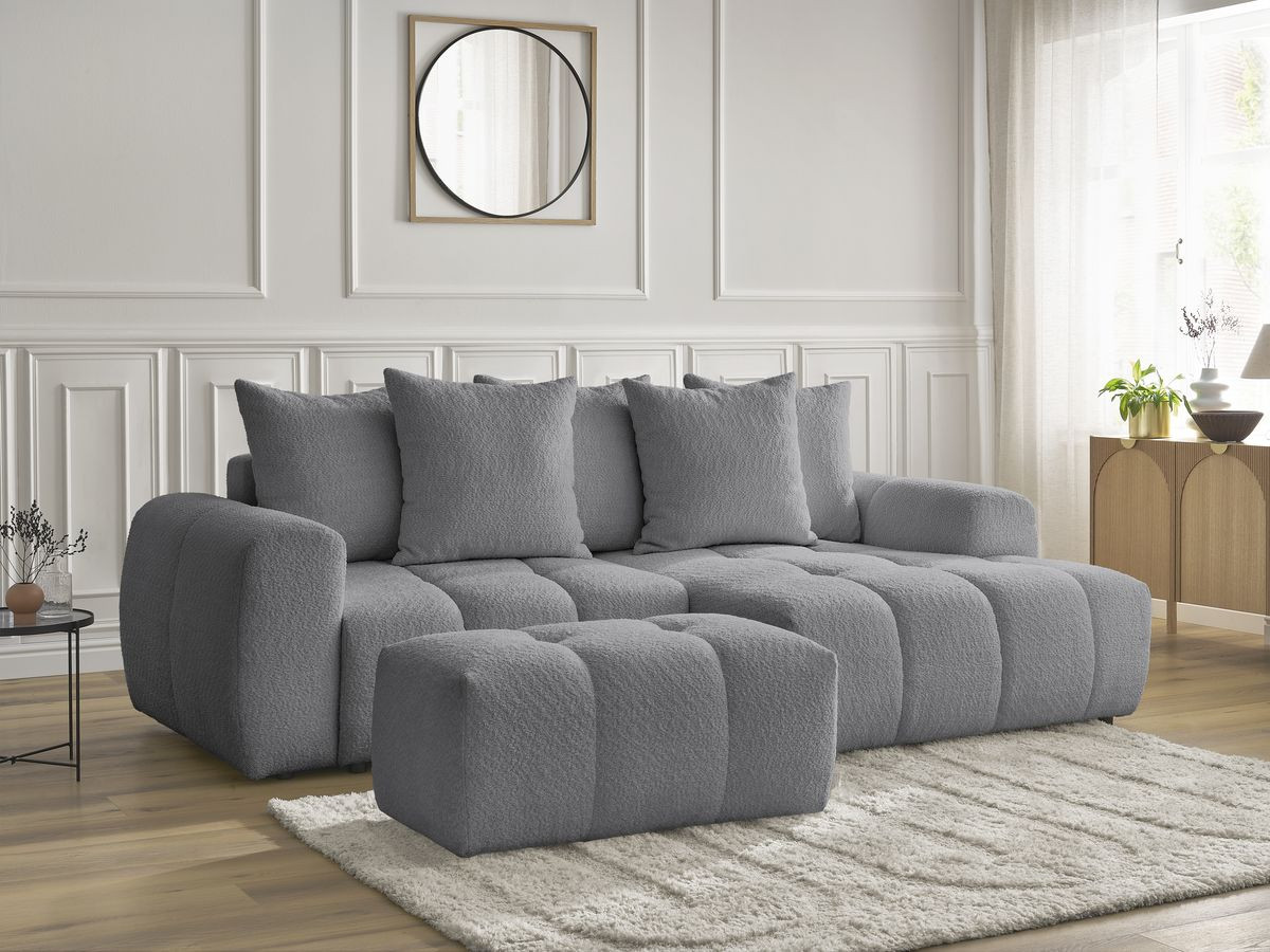 Bobochic Roxelane Ecksofa mit Schlaffunktion und Bettkasten und Pouf 258 × 150 cm Bouclé-Stoff Dunkelgrau Ecke rechts