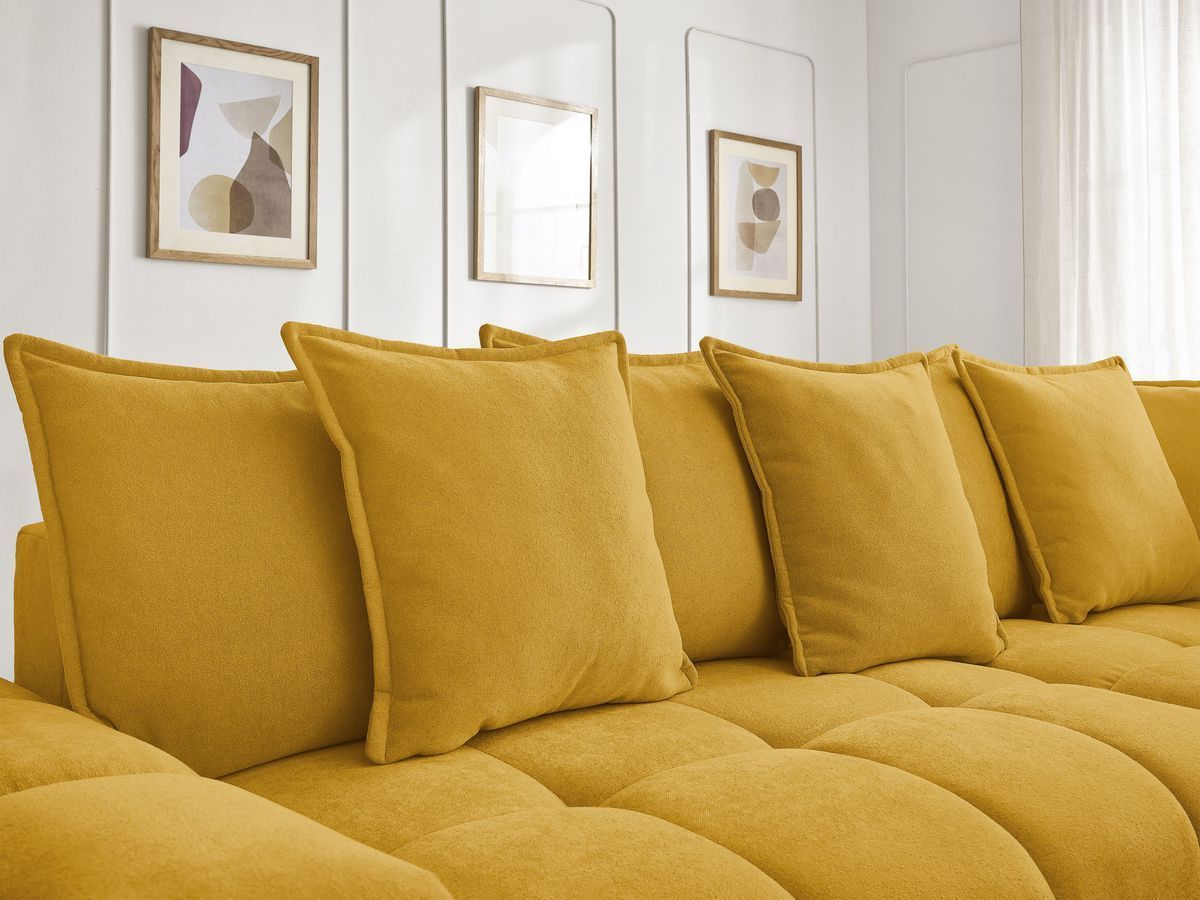 Bobochic Everest Ecksofa mit Schlaffunktion und Bettkasten 320 × 212 cm, 10 Kissen Strukturstoff Gelb Ecke rechts