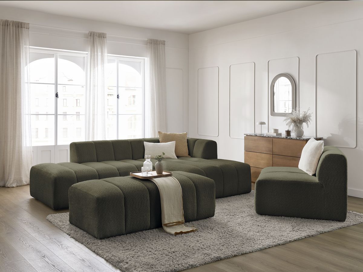 Bobochic Annecy Ecksofa mit Sofamodul und Pouf Bouclé-Stoff Grün Ecke rechts