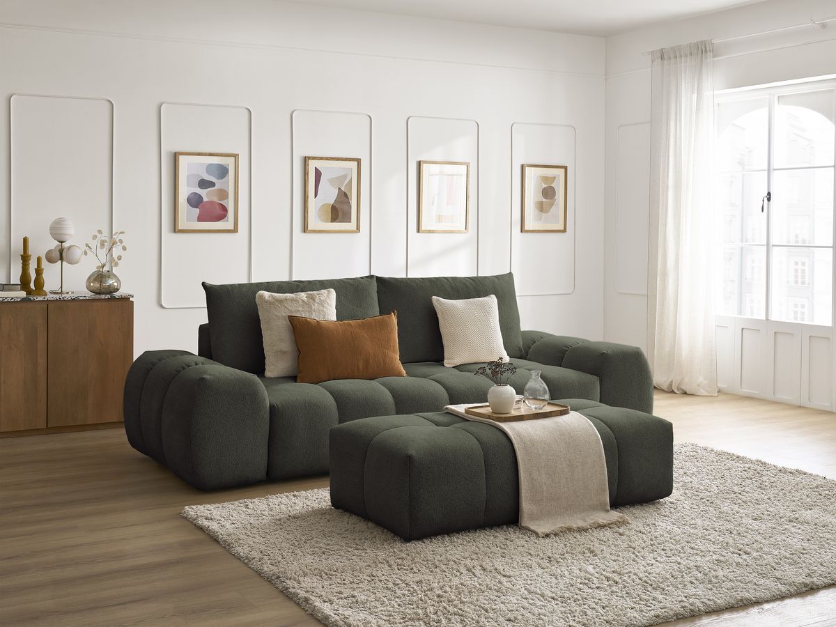 Bobochic Everest Sofa 3-Sitzer mit Pouf, 2 Kissen Melange-Stoff Grün
