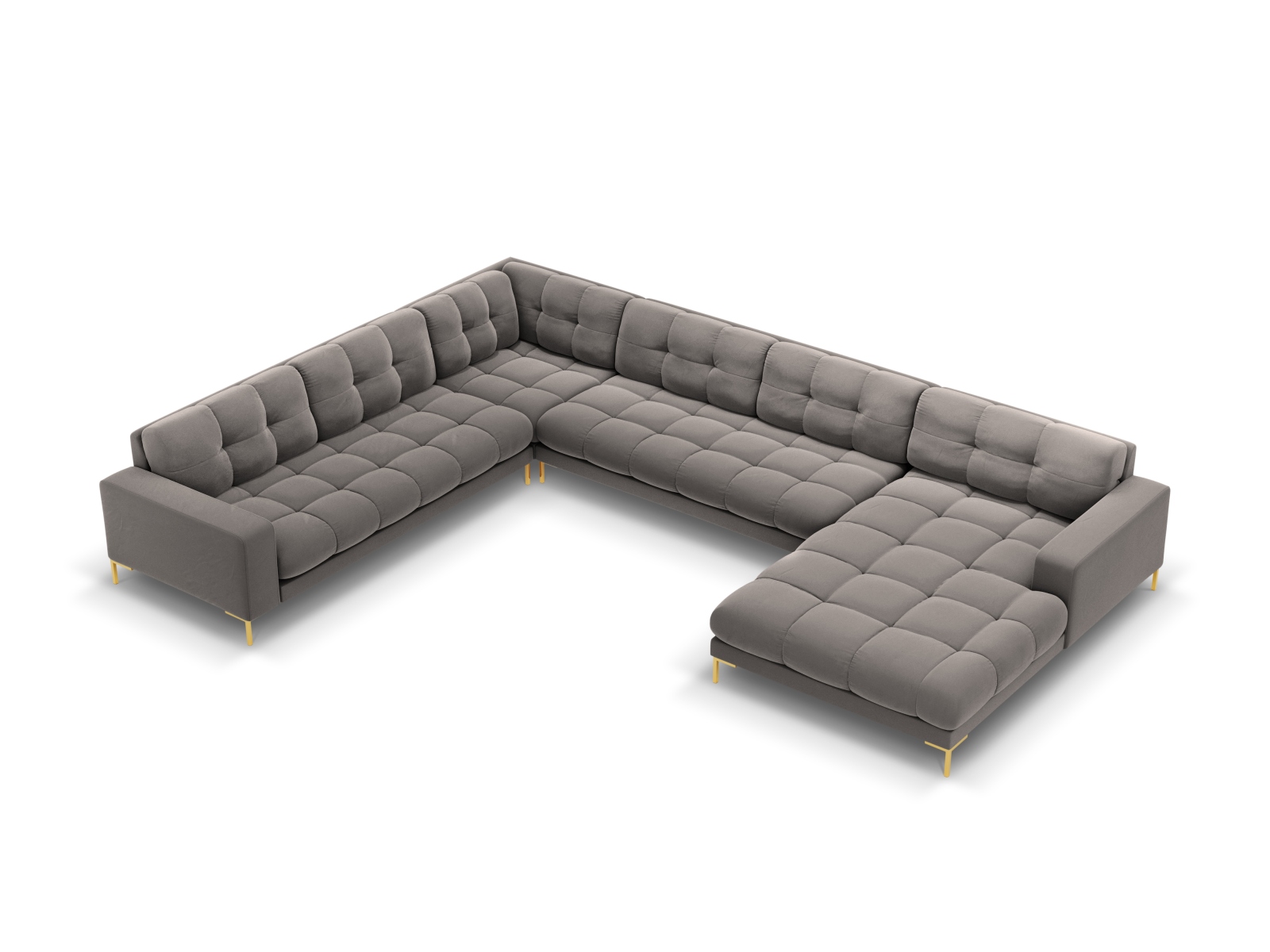 Cosmopolitan Design Panoramasofa Bali 7-Sitzer 327 cm Samt Bluvel Hellgrau Links Beine Gold