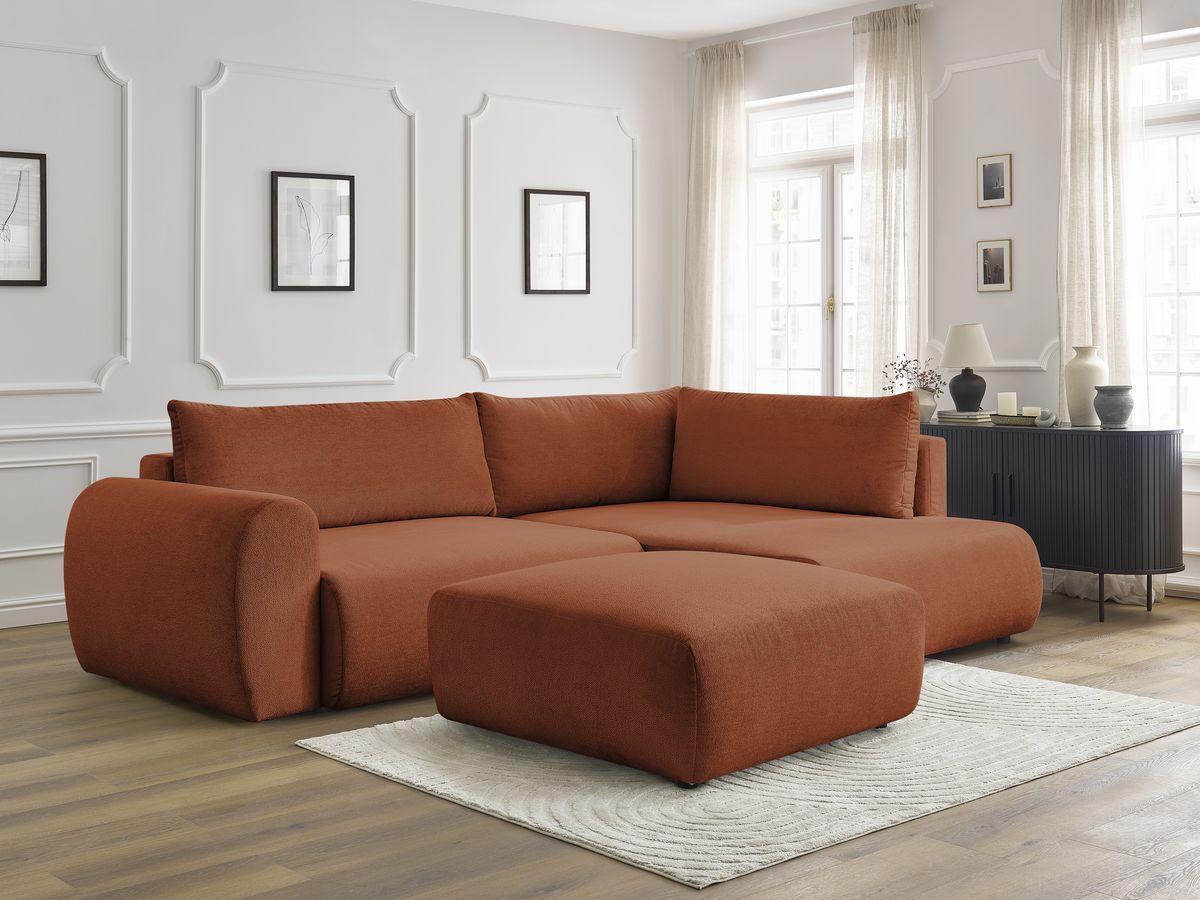 Bobochic Lucien Ecksofa mit Schlaffunktion und Bettkasten und Pouf 296 × 198 cm Stoff Orange Ecke rechts