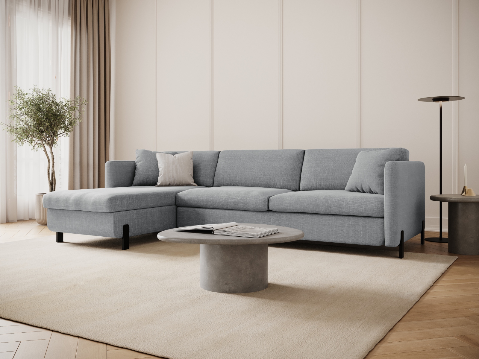 Micadoni Schlaf-Ecksofa Gloria 4-Sitzer Links Strukturierter Stoff Hellgrau 205x140
