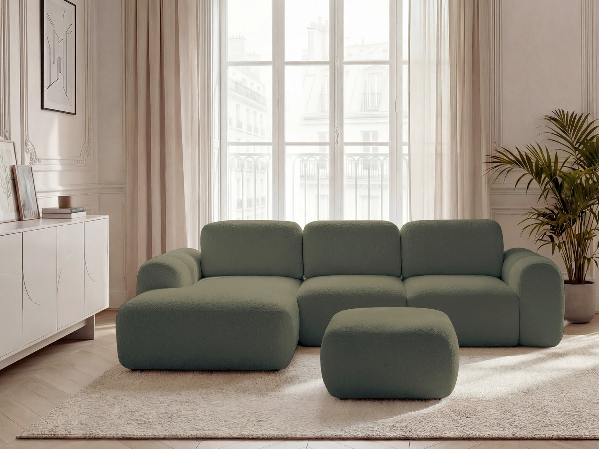 Bobochic Montaigne Ecksofa mit Schlaffunktion und Bettkasten und Pouf 276 × 164 cm Bouclé-Stoff Grün Ecke links