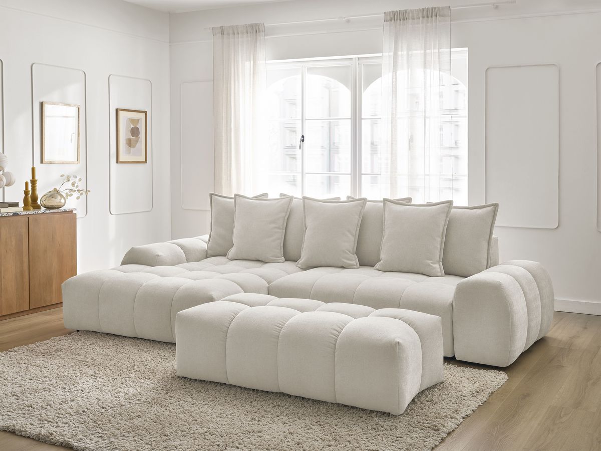 Bobochic Everest Ecksofa mit Schlaffunktion und Bettkasten und Pouf 318 × 180 cm, 7 Kissen Strukturstoff Weiß Ecke links