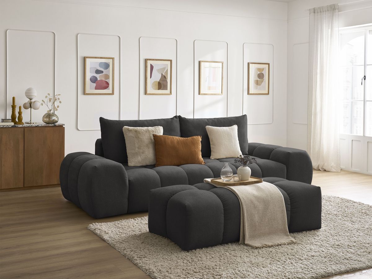 Bobochic Everest Schlafsofa 3-Sitzer mit Bettkasten und Pouf, 2 Kissen Strukturstoff Schwarz