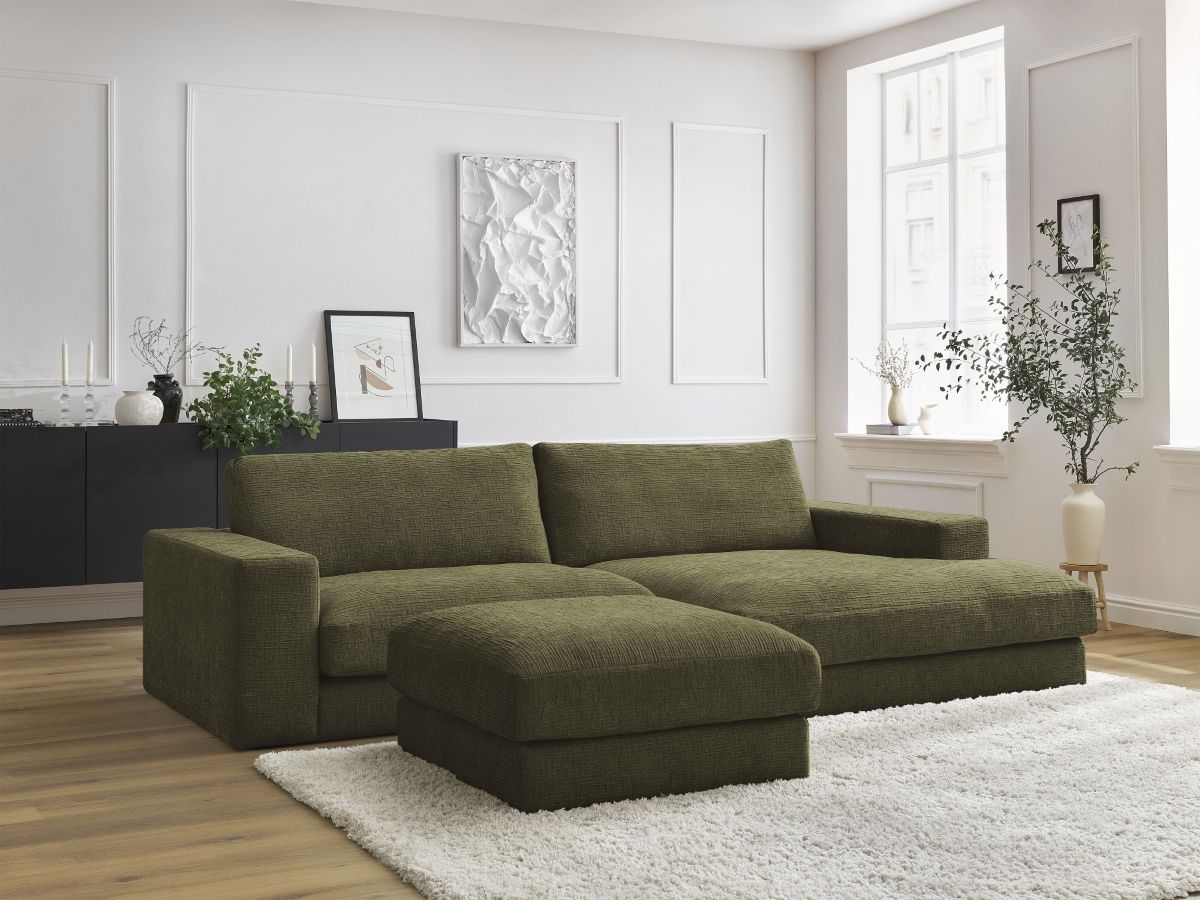 Bobochic Leonard Ecksofa mit Pouf 274 × 159 cm Strukturstoff Grün Ecke rechts