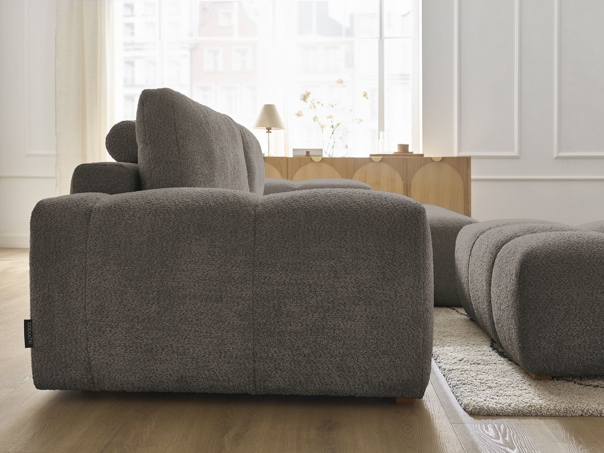 Bobochic Anakin Ecksofa mit Schlaffunktion und Bettkasten und Pouf, 2 Kissen Bouclé-Stoff Braun