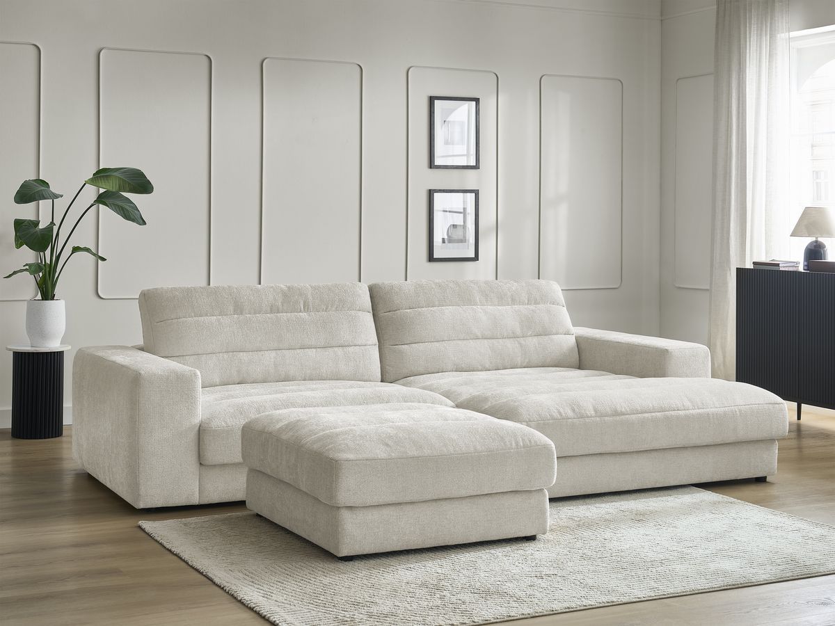 Bobochic Sierra Ecksofa mit Pouf Strukturstoff Beige Ecke rechts