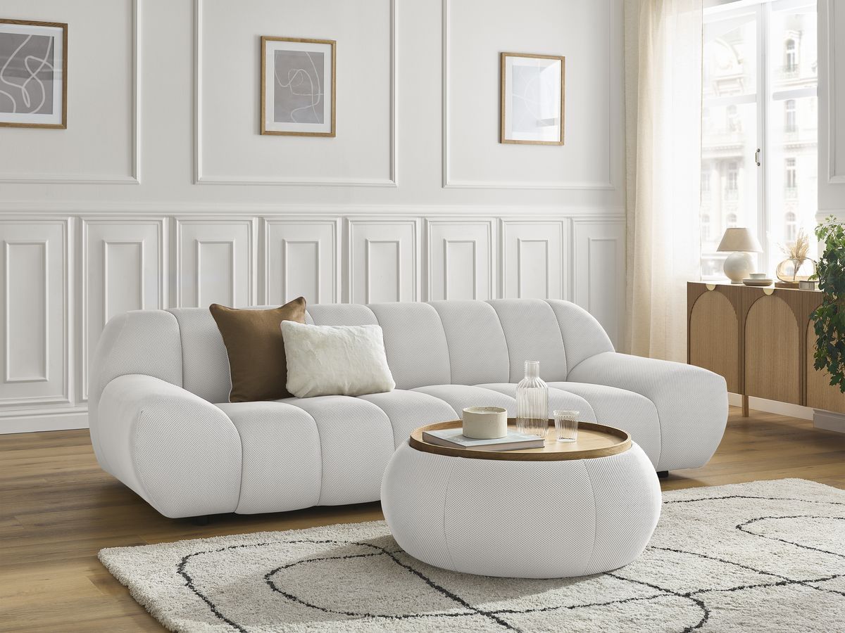 Bobochic Hayden Sofa 3-Sitzer mit Pouf 256 × 107 cm Mesh-Stoff Weiß