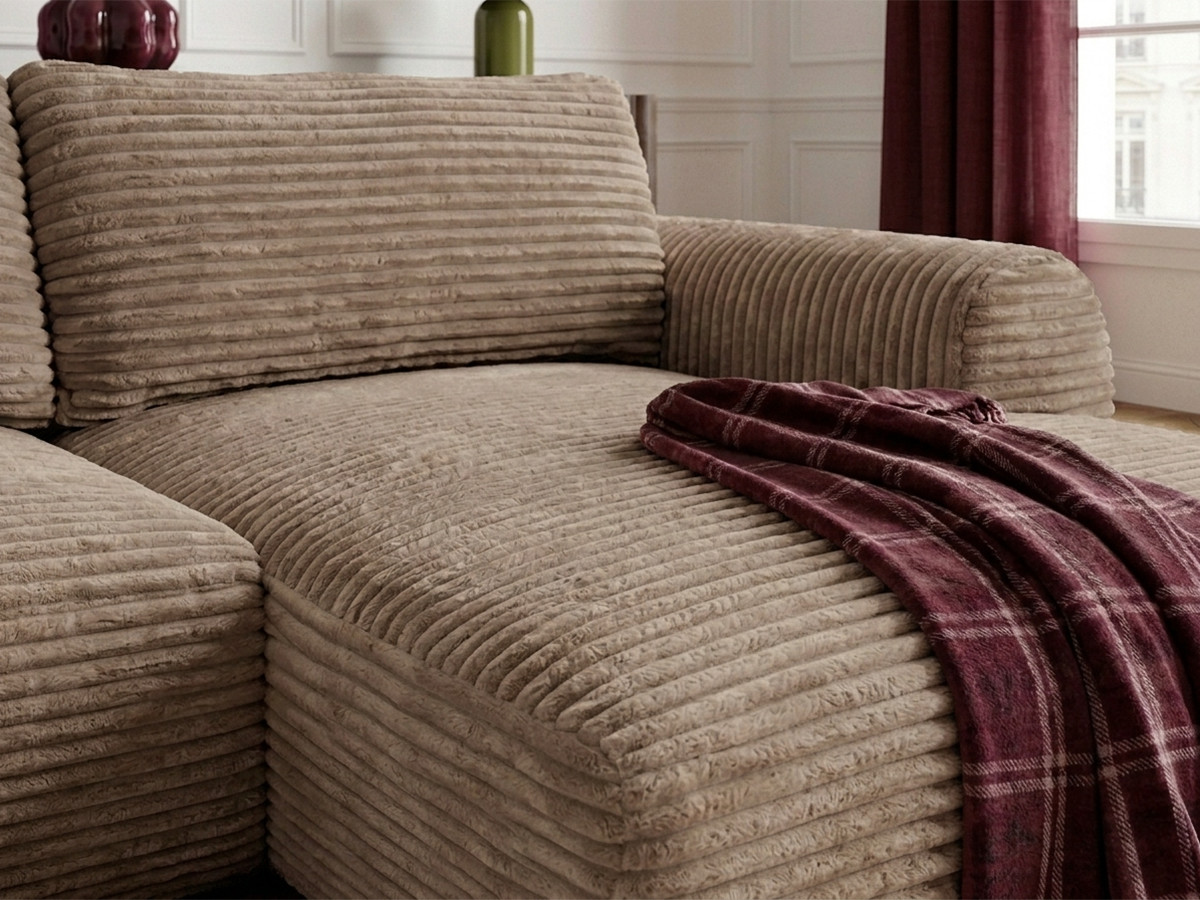 Bobochic Lucien Ecksofa mit Schlaffunktion und Bettkasten Breitcord weich Taupe Ecke rechts