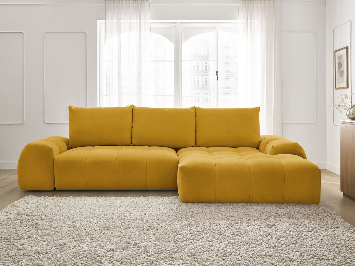 Bobochic Everest Ecksofa mit Schlaffunktion und Bettkasten 318 × 180 cm, 3 Kissen Strukturstoff Gelb Ecke rechts