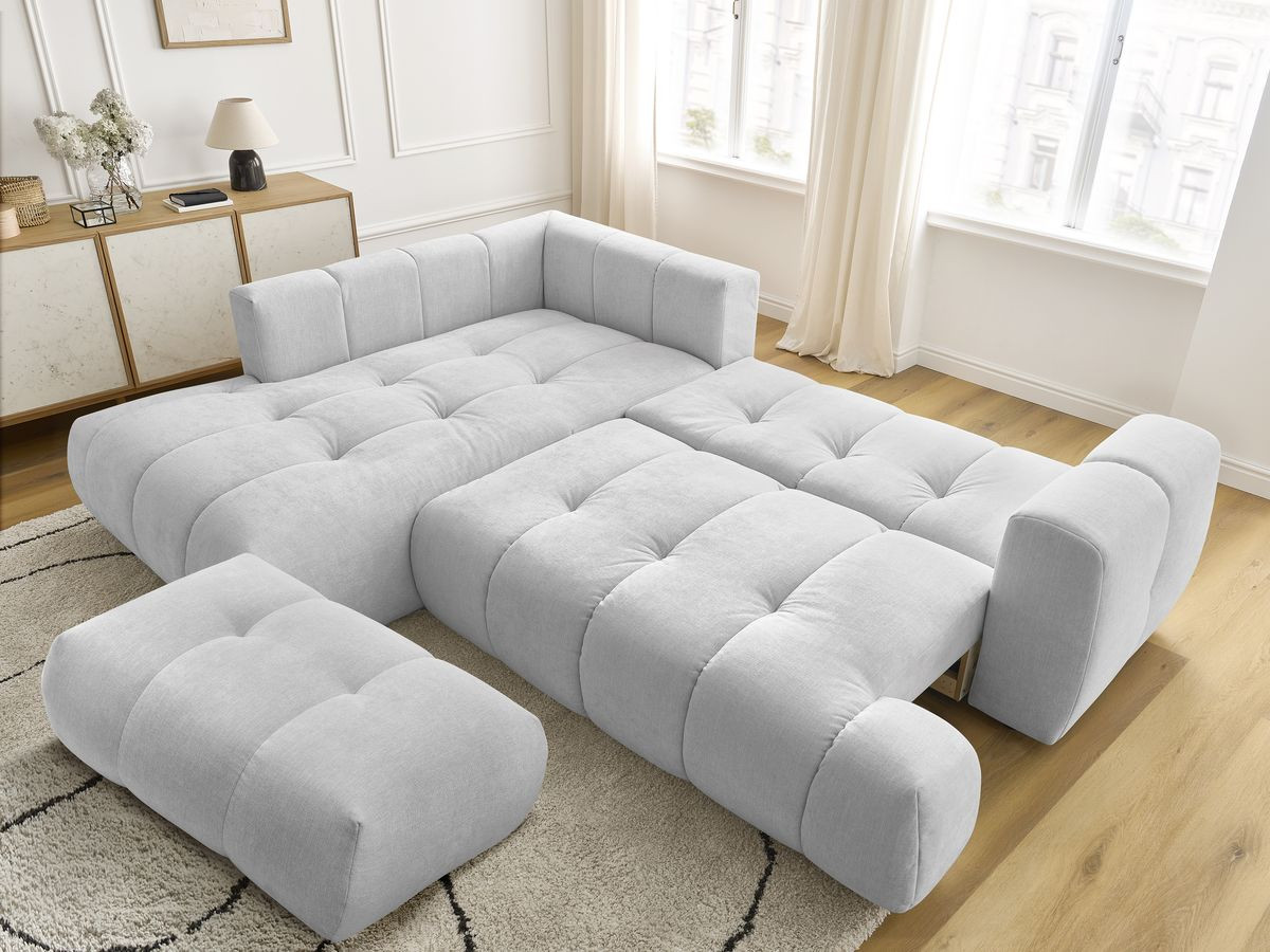 Bobochic Fuji Ecksofa mit Schlaffunktion und Bettkasten und Pouf 282 × 204 cm Stoff Hellgrau Ecke links