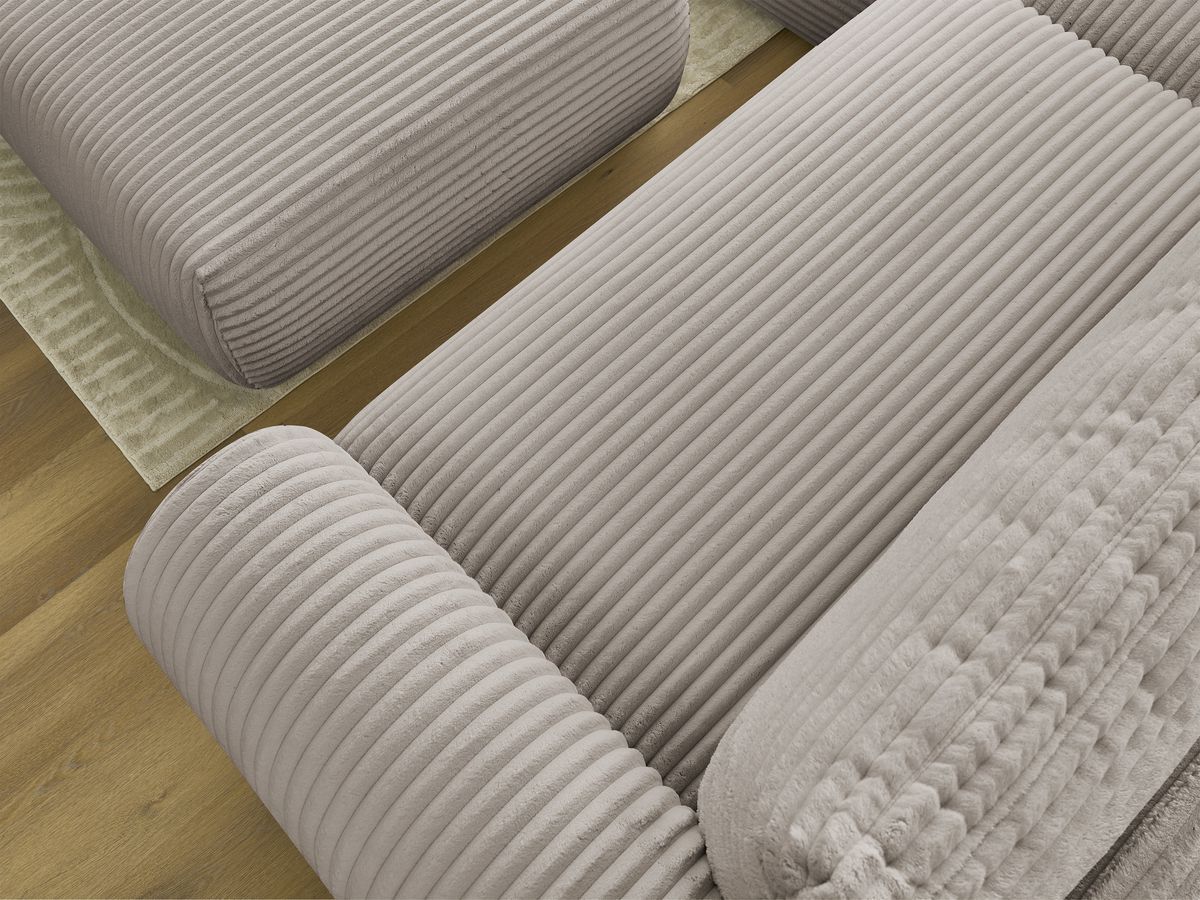 Bobochic Lucien Ecksofa mit Schlaffunktion und Bettkasten und Pouf 314 × 167 cm Breitcord weich Taupe Ecke links