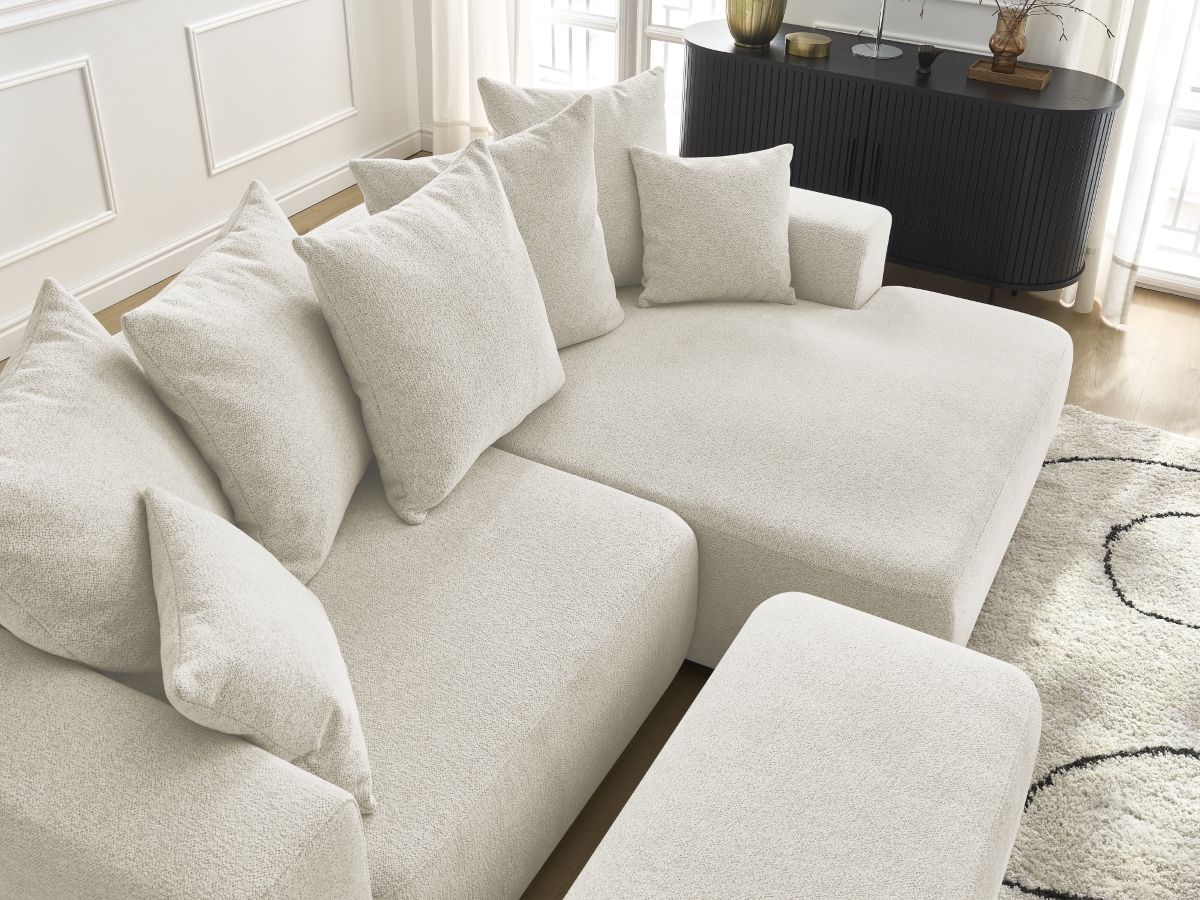 Bobochic Atilla Ecksofa mit Schlaffunktion und Bettkasten und Pouf Melange-Stoff Weiß Ecke rechts