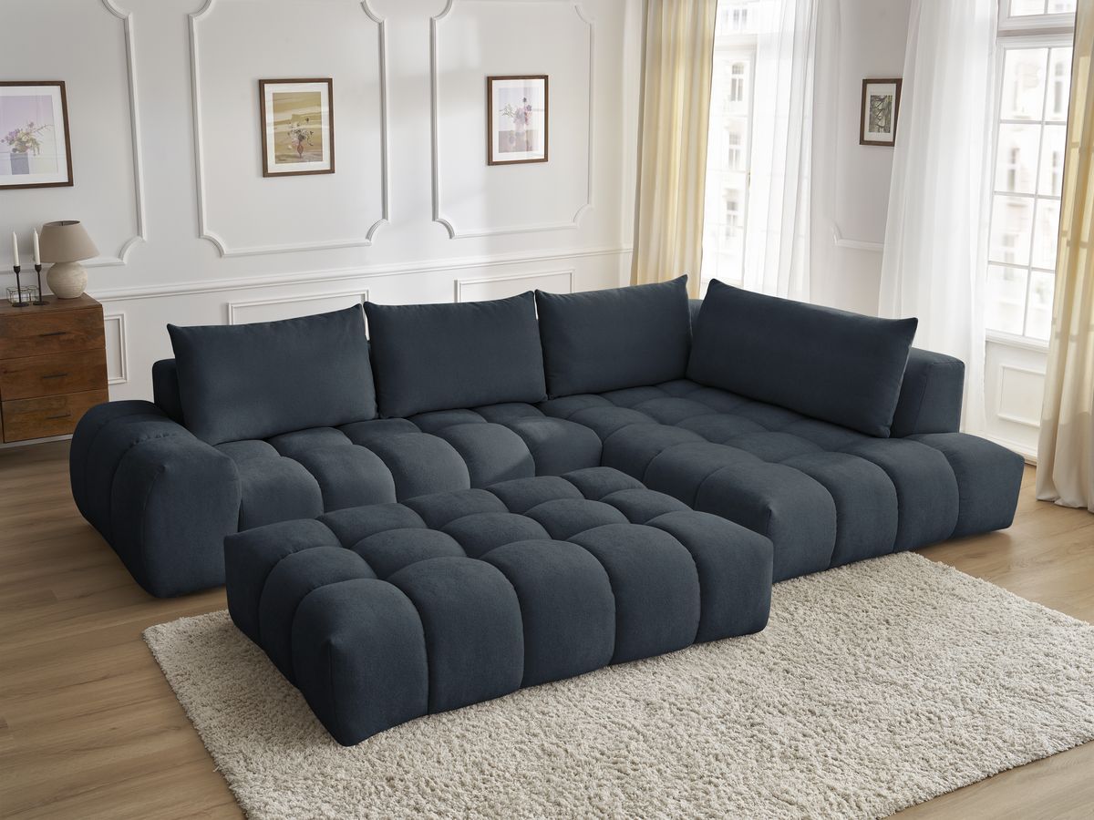 Bobochic Everest Ecksofa mit Schlaffunktion und Pouf, 4 Kissen Strukturstoff Dunkelblau Ecke rechts