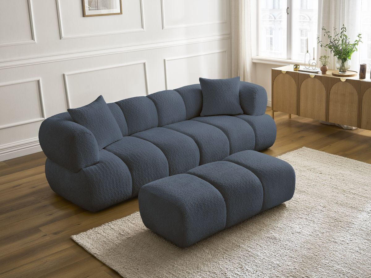 Bobochic Pamira Sofa 3-Sitzer mit Pouf Bouclé-Stoff Dunkelblau